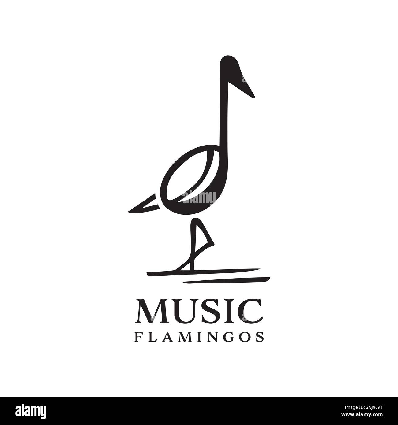 flamingo Vogel Musik-Logo isoliert auf weißem Hintergrund. flamingo Vogel Kombination musikalische Notation Stock Vektor