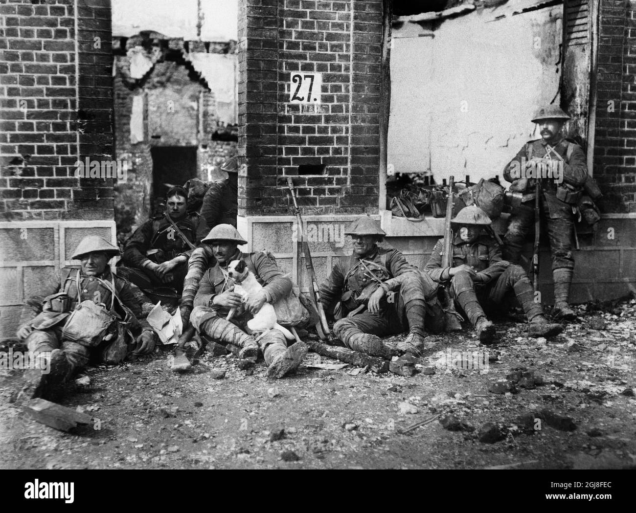 DATEI 1914-1918. Bild aus dem Ersten Weltkrieg. Britische Soldaten machen an der Westfront eine Pause. Bild fran forsta varldskreget. Engelska soldater pustar ut framfor ett bombskadat Hus pa vastfronen. En hund gor dem sallskap. Foto:Scanpix Historical/ Kod:1900 Scanpix SCHWEDEN Stockfoto DATEI 1914-1918. Bild aus dem Ersten Weltkrieg. Britische Soldaten machen an der Westfront eine Pause. Bild fran forsta varldskreget. Engelska soldater pustar ut framfor ett bombskadat Hus pa vastfronen. En hund gor dem sallskap. Foto:Scanpix Historical/ Kod:1900 Scanpix SCHWEDEN Stockfoto