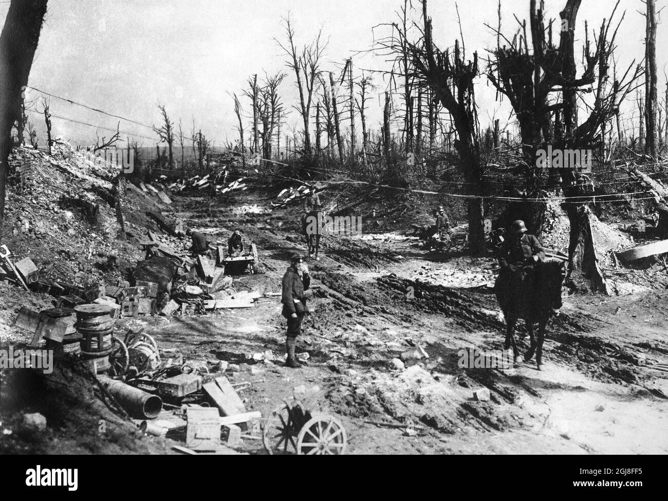 DATEI 1914-1918. Erster Weltkrieg. Kampfzone zwischen Bapaume-Arras. Deutsche Soldaten haben eine Straße durch den Wald in Frankreich gemacht *** Bild fran forsta varldskreget. Stridsomradet mellan Bapaume-Arras. Bilden visar en av tyskarna stormad halvag. Foto:Scanpix Historical/ Kod:1900 Scanpix SCHWEDEN Stockfoto