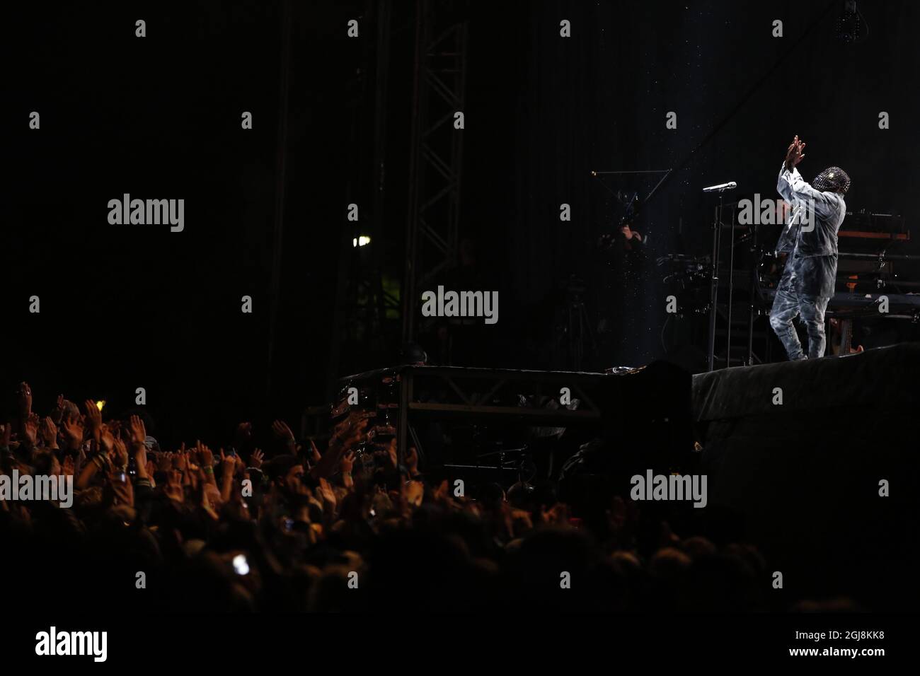 NORRKOPING 2014-06-28 Kanye West auf der Bühne am letzten Tag des Bravalla Festivals in Norrkoping, Schweden. Foto: Fredrik Persson / TT / kod 75906 Stockfoto