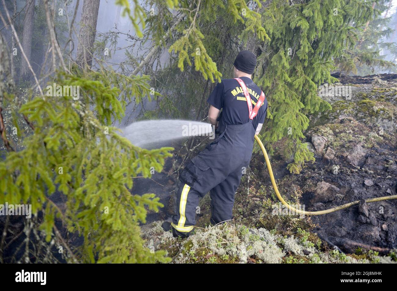 Seglingsberg 20140806 Am 6. August 2014 Schläut Ein Feuerwehrmann die Unterbürste in der Nähe von Seglingsberg, Mittelschweden, herunter. Das rund 15.000 Hektar große Waldfeuer brannte eine Woche lang unkontrolliert. Foto: Maja Suslin / TT / kod 10300 Stockfoto