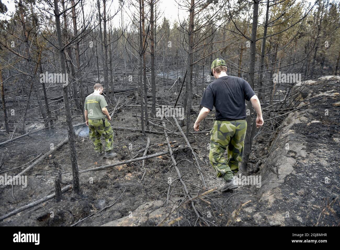 Seglingsberg 20140806 zwei Nationalgarde wandern am 6. August 2014 zwischen den verkohlten Trümmern in der Nähe von Seglingsberg, Mittelschweden. Das rund 15.000 Hektar große Waldfeuer brannte eine Woche lang unkontrolliert. Foto: Maja Suslin / TT / kod 10300 Stockfoto