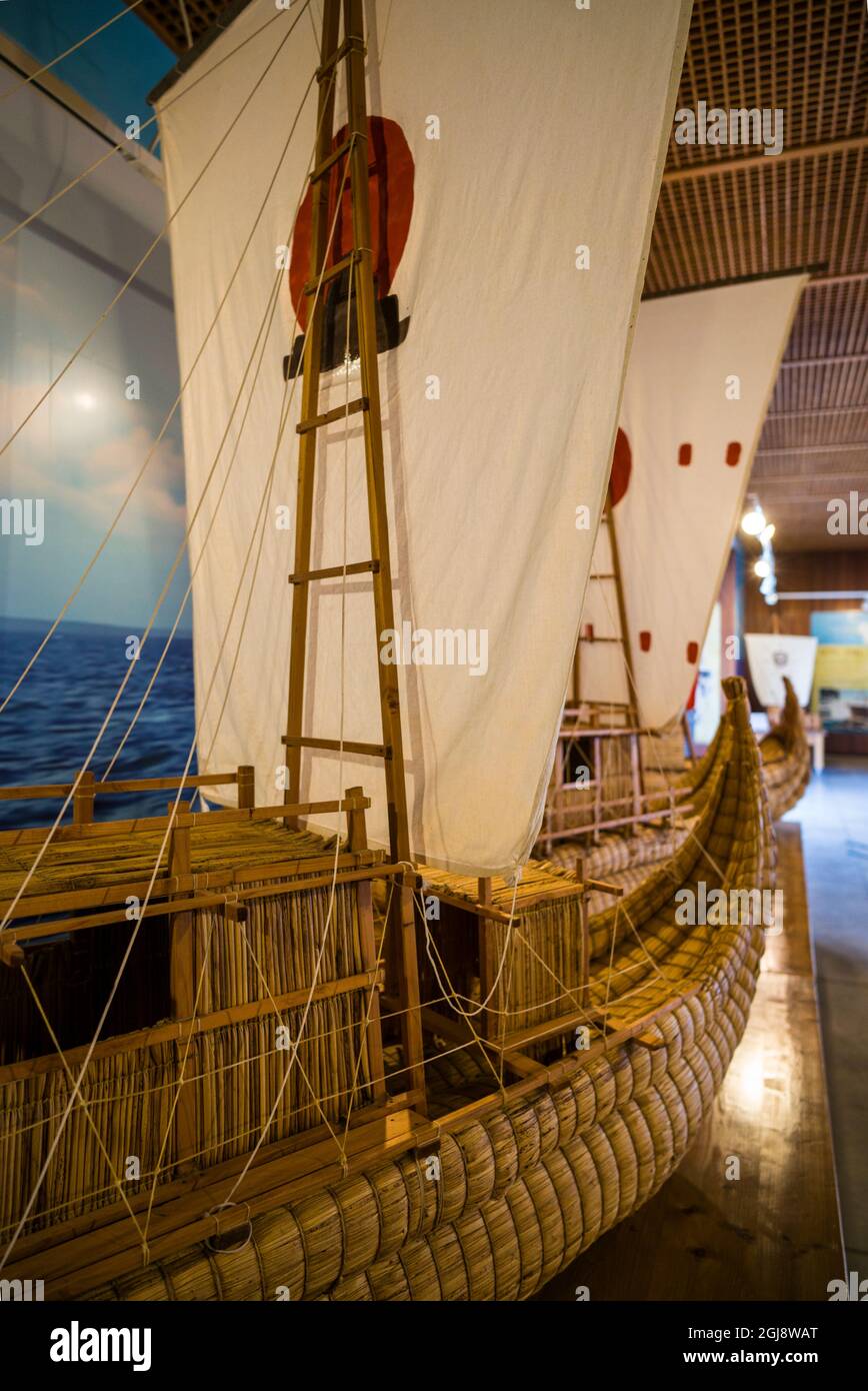 Spanien, Kanarische Inseln, Teneriffa, Güimar, Piramides de Güimar, eco Website vom Explorer Thor Heyerdahl, Miniatur von Stroh Boote von Hey verwendet wird gegründet Stockfoto Spanien, Kanarische Inseln, Teneriffa, Güimar, Piramides de Güimar, eco Website vom Explorer Thor Heyerdahl, Miniatur von Stroh Boote von Hey verwendet wird gegründet Stockfoto