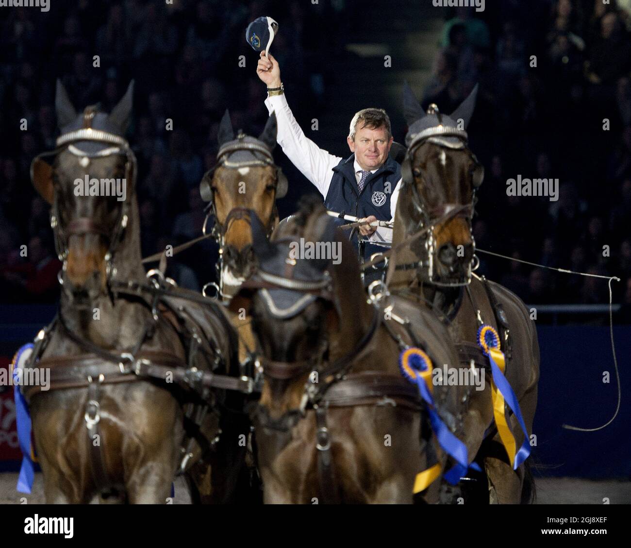 Boyd Exell, Australien, feiert den Gewinn des FEI World Cup-Rennens während der Sweden International Horse Show in der Friends Arena in Stockholm, Schweden, am 30. November 2014. Foto: Maja Suslin / TT / Code 10300 Stockfoto