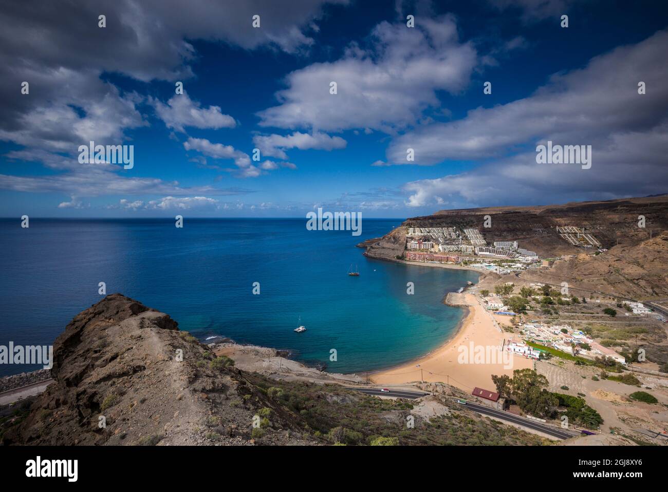 Spanien, Kanarische Inseln, Gran Canaria, La Playa de Tauro, Playa de los Amadores Strand, hohe Betrachtungswinkel Stockfoto