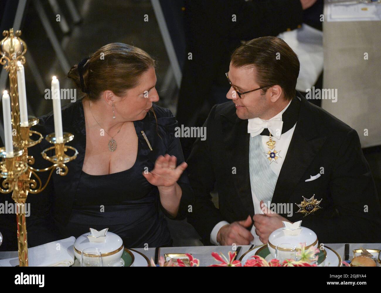 STOCKHOLM 2014-12-10 Professor Anna Kathrin Hell und Prinz Daniel beim Nobelbankett im Stockholmer Rathaus, Schweden, 10. Dezember 2014. Foto: Fredrik Sandberg / TT / Kod 10080 Stockfoto