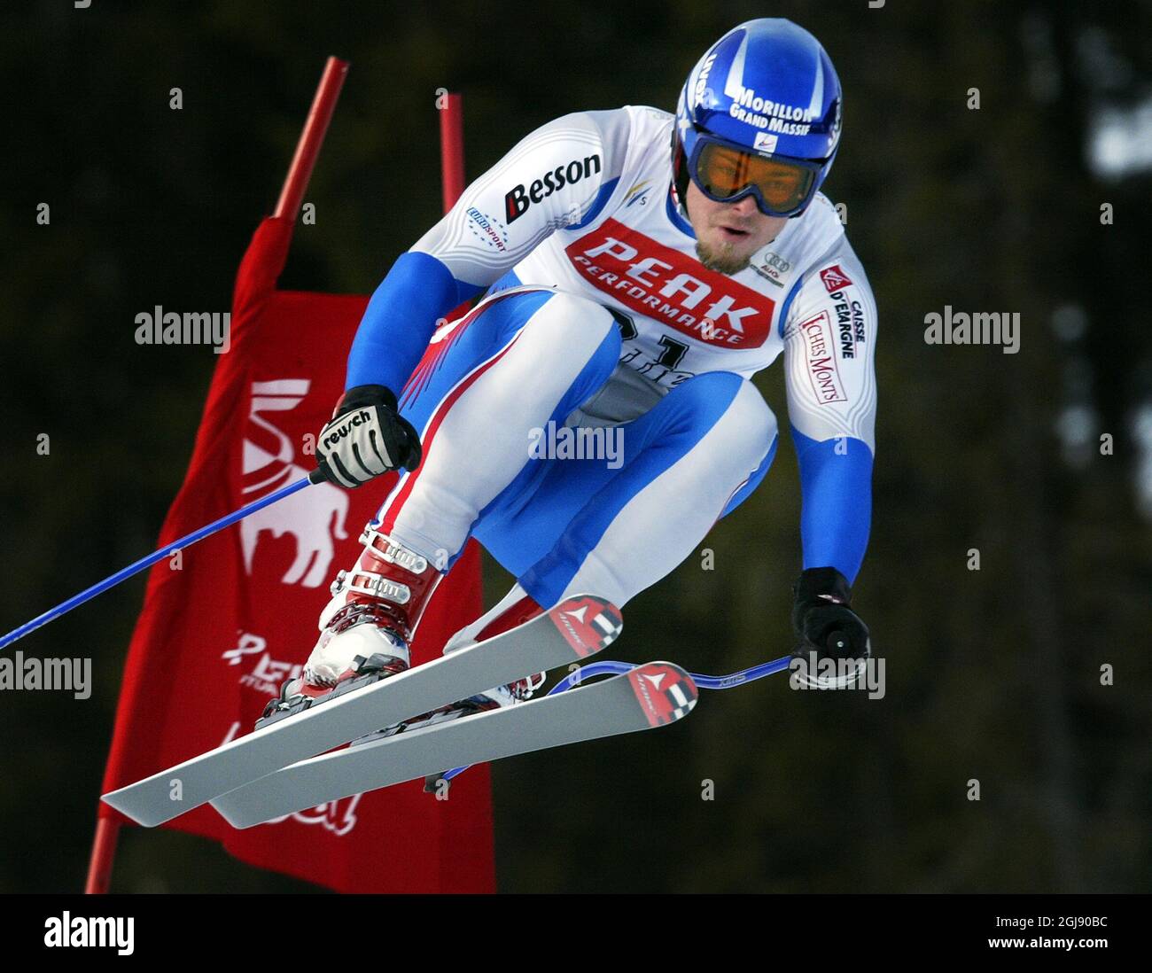 Der französische Antoine Deneriaz in Aktion Stockfoto