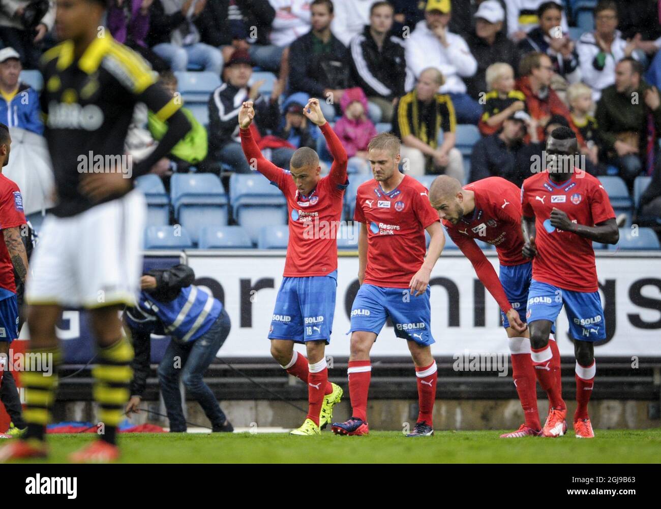 HELSINGBORG 2015-07-19 Helsingborgs Jordan Larsson (18) feiert das Tor zum ersten Tor während ihres schwedischen Fußballspieles in der ersten Liga bei Olympia im südschwedischen Helsingborg am 19. Juli 2015. Foto: Bjorn Lindgren / TT / Code 9204 Stockfoto