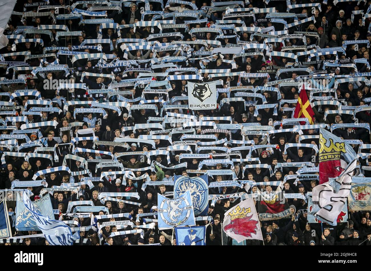 Malmo FF Fans während der Champions League Group Ein Fußballspiel zwischen Malmo FF und dem FC Paris Saint-Germain im Malmo New Stadium in Malmo, Schweden, am 25. November 2015. Foto: Goran Barkfors / TT / Code 10600 Stockfoto