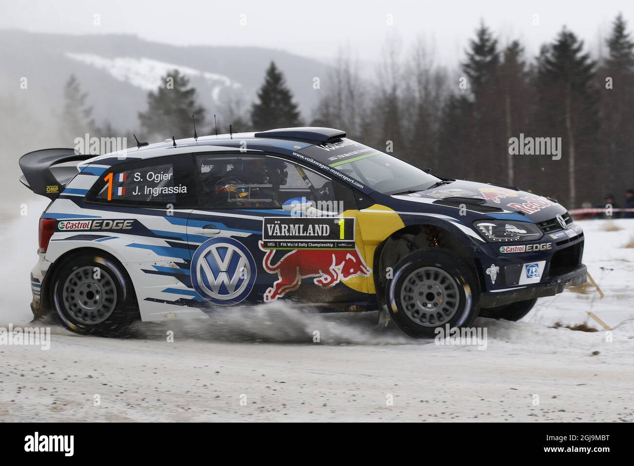 KARLSTAD 2016-02-12 Sebastien Ogier, Frankreich, VW Polo WRC außerhalb von Karlstad, Schweden, während der Rallye Schweden am 2016. Februar 12, 2016. Foto: Micke Fransson / TT / ** SCHWEDEN AUS ** Stockfoto