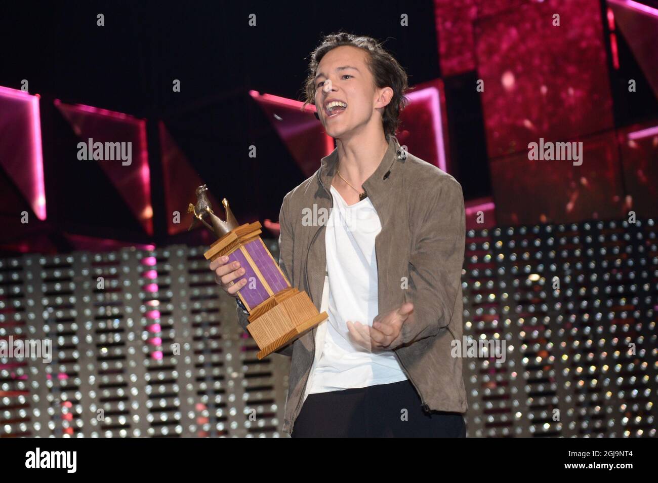 Frans Jeppsson Wall feiert am Samstag, den 12. März 2016 nach seinem Sieg beim Großen Preis von Schwedischer Melodie und wird den Sweden Euro Vision Contest vertreten. Foto: Janerik Henriksson / TT kod 10010 Stockfoto