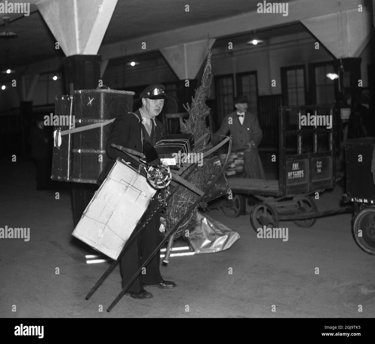 STOCKHOLM 1935 Gepäckträger mit Weihnachtsbaum und Schlitten Foto: TT Historical / kod 1900 Stockfoto