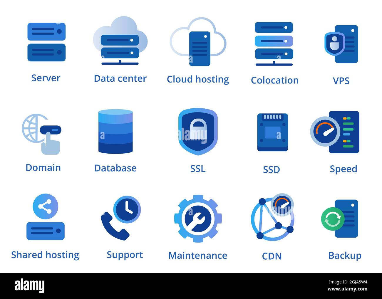 Symbol für Webhosting-Service von Colocation-Server-VPN auf CDN und SSL gesetzt Stock Vektor