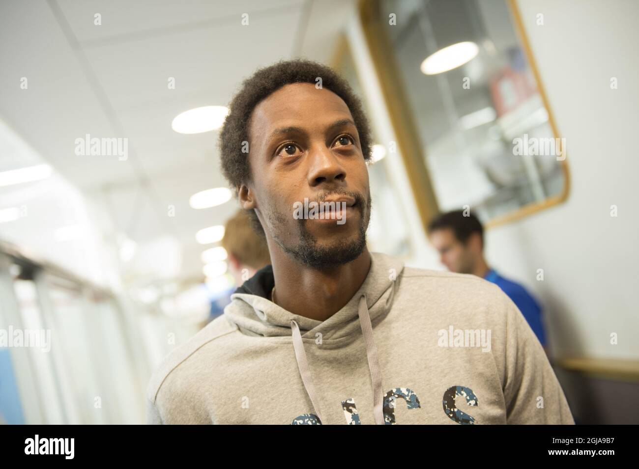 Der französische Tennisspieler Gael Monfils nach der Pressekonferenz während des Tennisturniers Stockholm Open, das am 18. Oktober 2016 in Kungliga Tennishallen in Stockholm, Schweden, stattfand. Foto: Fredrik Sandberg / TT / Kod 10080 Stockfoto