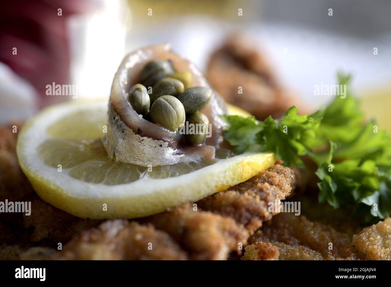 STOCKHOLM 20170120 Wiener Schnitzel mit Zitrone, Kapern und Sardellenfilets. Foto: Janerik Henriksson / TT / Kod 10010 Stockfoto