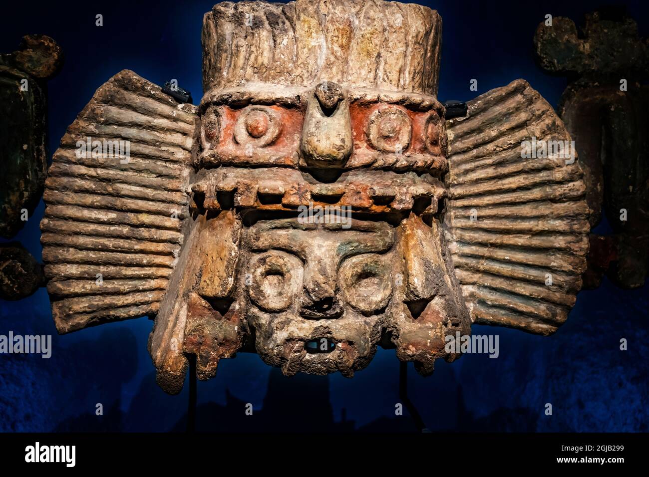 Alte Aztekengott-Steinstatue, Templo Mayor, Mexiko-Stadt, Mexiko. Großer aztekischer Tempel, der von 1325 bis 1521 erschaffen wurde. Stockfoto