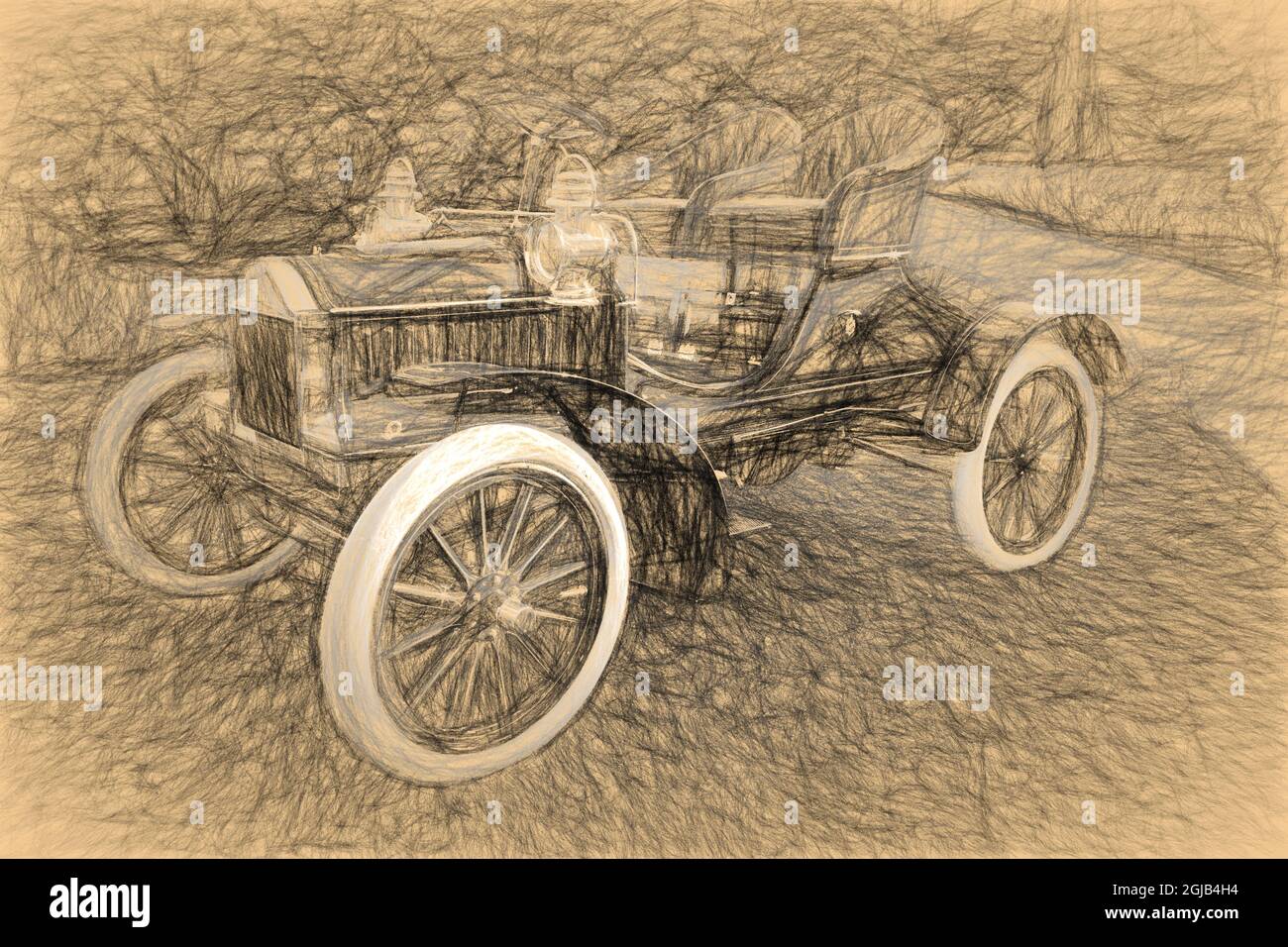 Sepia-Skizze des Oldsmobile Model N aus dem Jahr 1904 mit französischer Front. Stockfoto