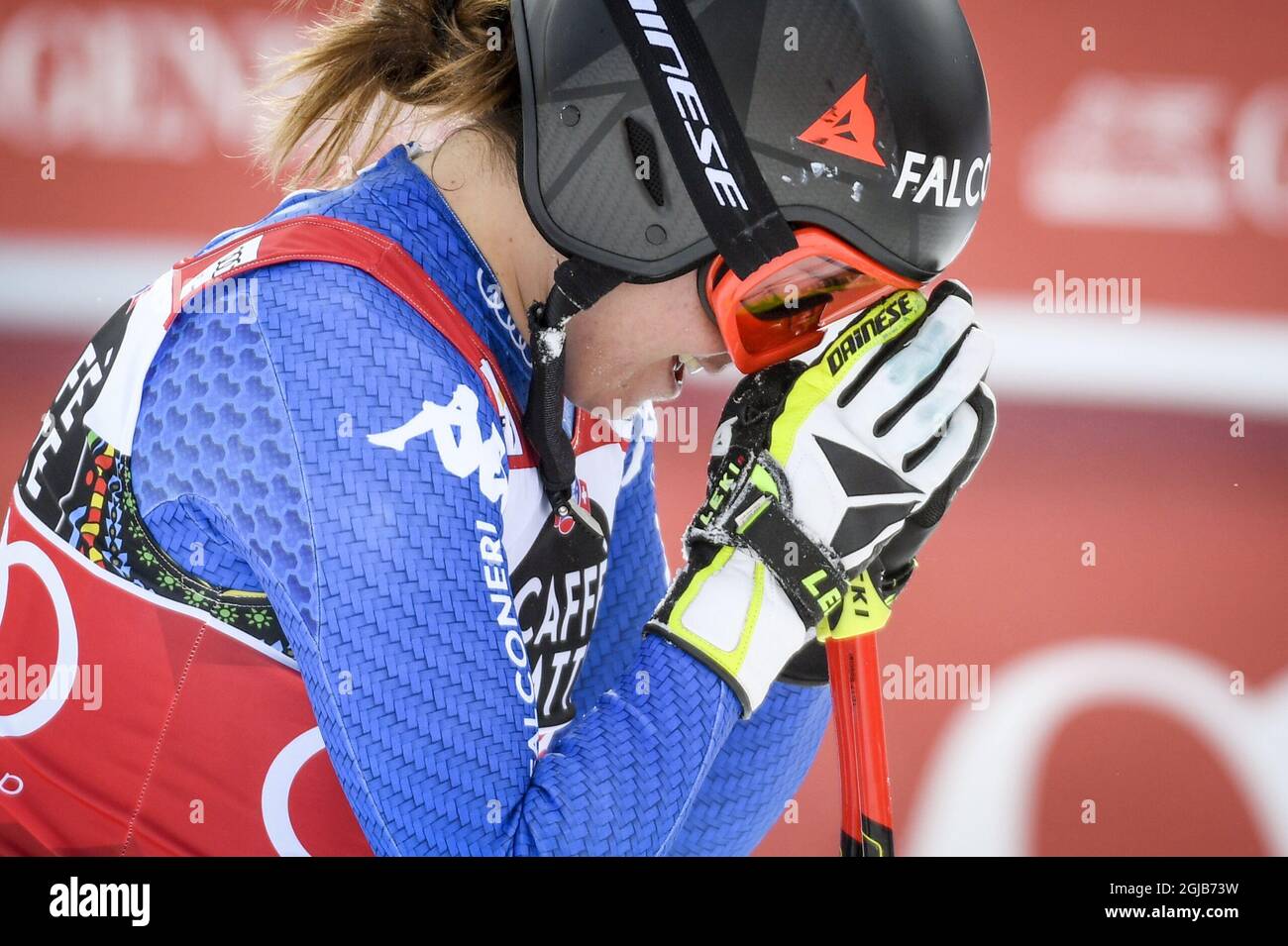 Sofia Goggia aus Italien reagiert nach ihrem Rennen beim FIS Downhill World Cup, im Damenfinale in are, Schweden, am 14. März 2018. Foto: Anders Wiklund / TT 10040 Stockfoto