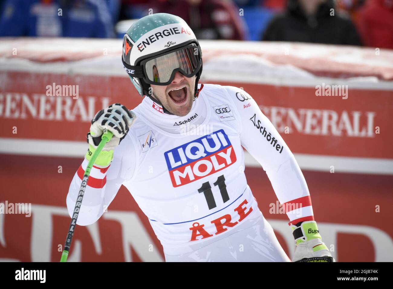 Vincent Kriechmayr aus Österreich reagiert nach seinem Rennen beim FIS Downhill World Cup Herrenfinale in are, Schweden, am 14. März 2018. Foto: Anders Wiklund / TT 10040 Stockfoto