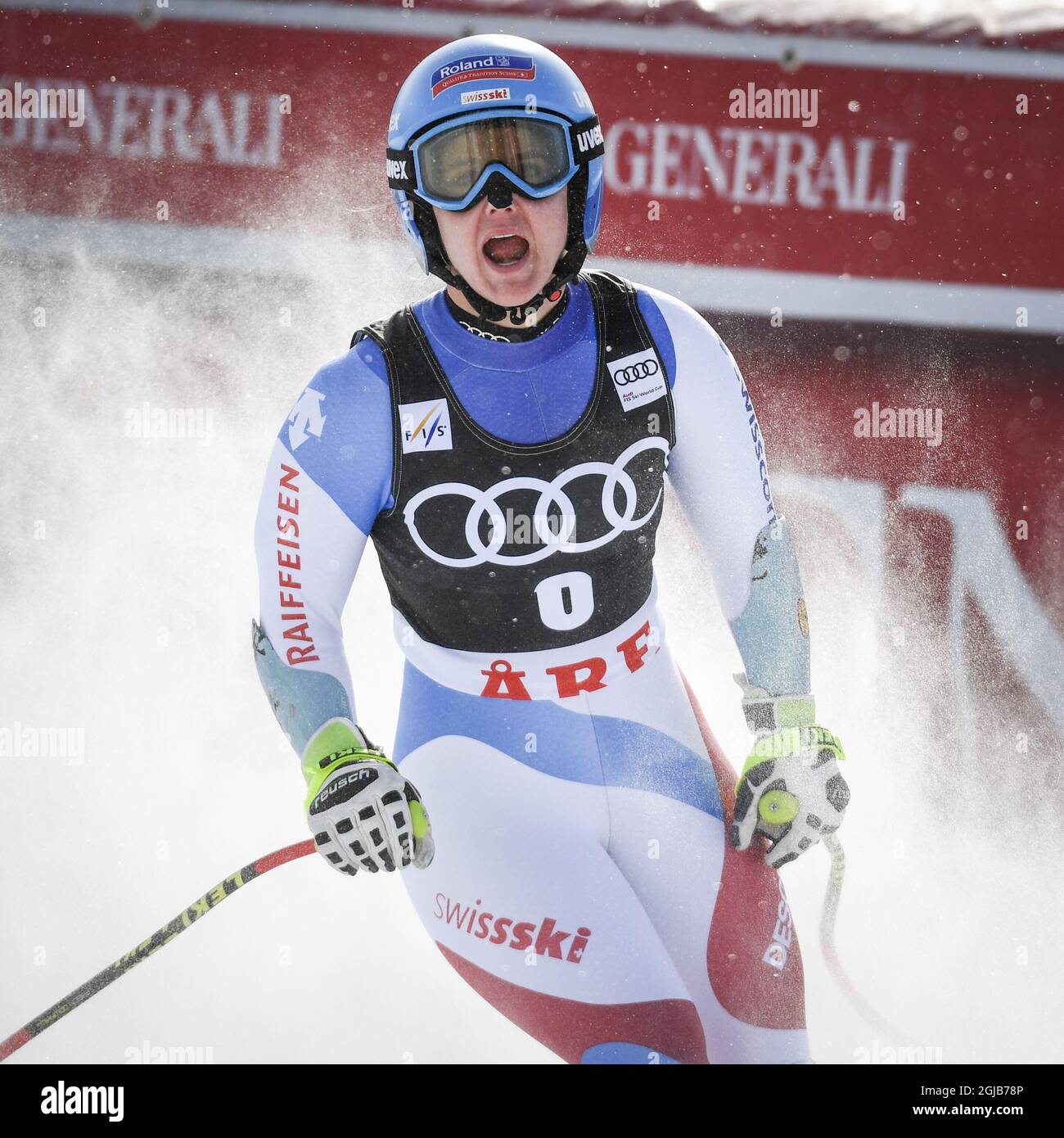 Joana Haehlen, Schweiz, reagiert nach dem Super G-Finalrennen der Frauen beim FIS Alpinen Ski-Weltcup in Are, Schweden, am 15. März 2018. Pto: Anders Wiklund / TT 10040 Stockfoto