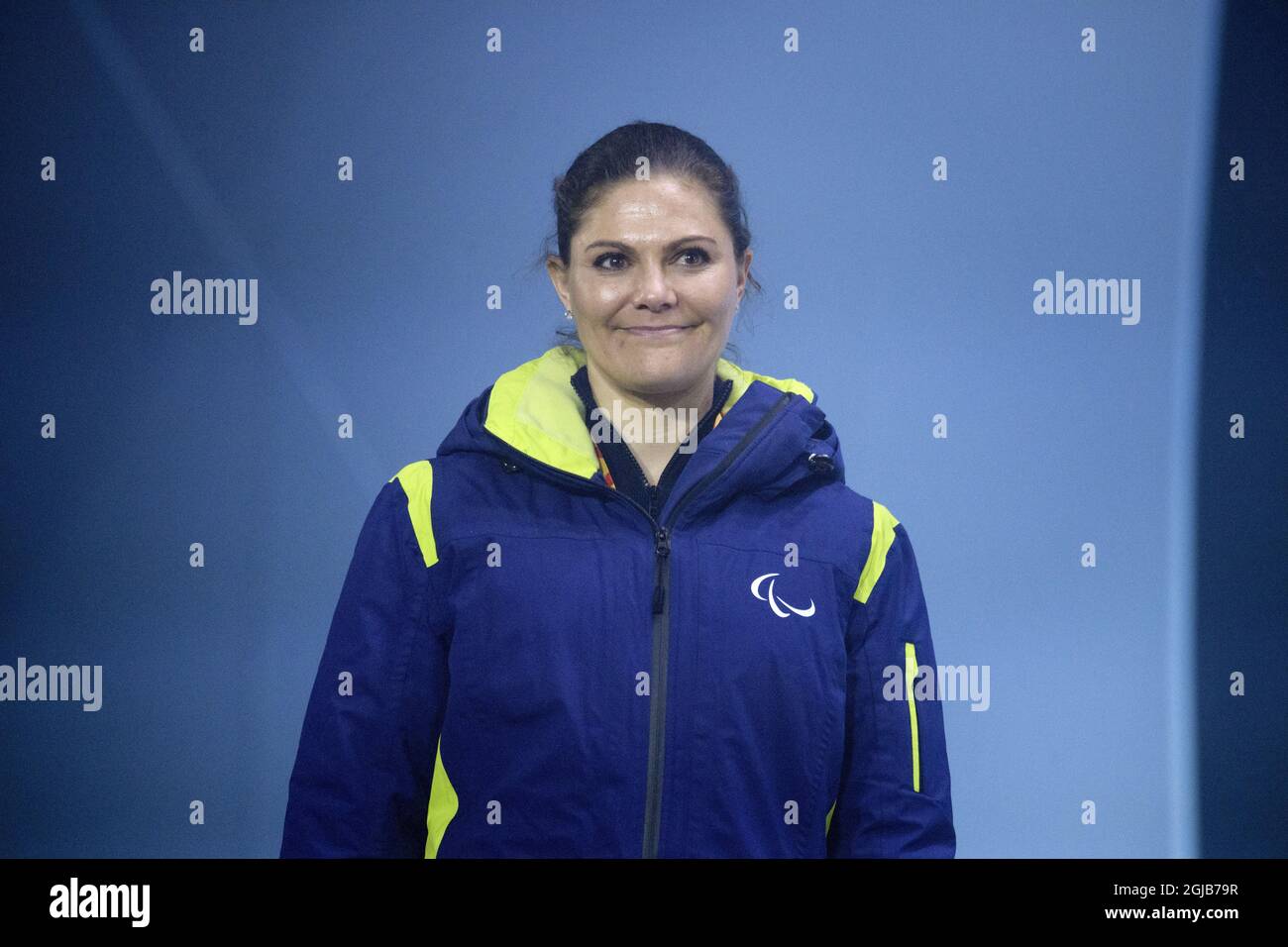 PYEONGCHANG 2018-03-15 Kronprinzessin Victoria wird während der Medaillenzeremonie im Frauen-Slalom während der Paralympics in Pyeongchang, Südkorea, gesehen. Foto: Jessica Gow / TT / Kod 10070 Stockfoto