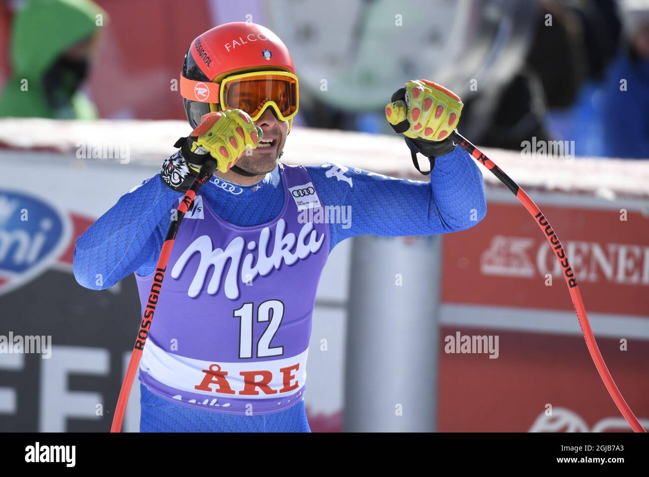 Gilles Roulin aus der Schweiz reagiert nach dem Super G-Finalrennen der Männer beim FIS Alpinen Ski-Weltcup in Are, Schweden, am 15. März 2018. Pto: Anders Wiklund / TT 10040 Stockfoto