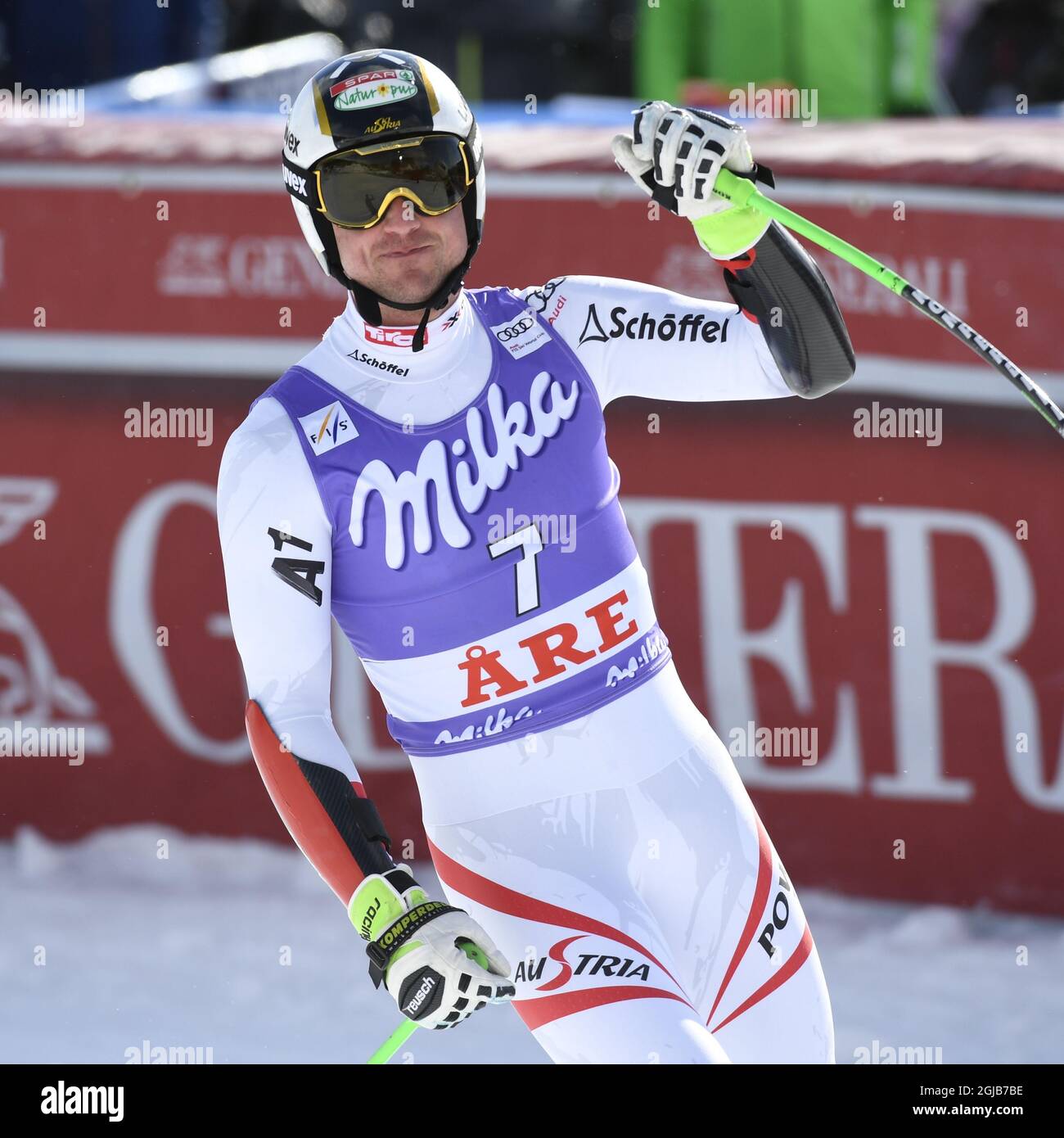 Beat Feuz aus der Schweiz reagiert nach dem Super G-Finalrennen der Herren beim FIS Alpinen Ski-Weltcup in Are, Schweden, am 15. März 2018. Pto: Anders Wiklund / TT 10040 Stockfoto