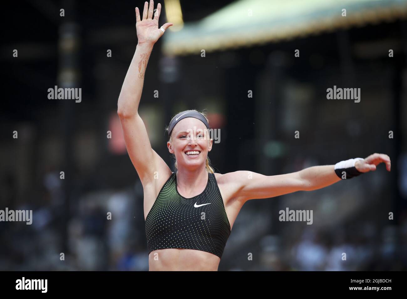 Sandi Morris aus den USA reagiert während der Polsprung-Veranstaltung der Frauen beim IAAF Diamond League 2018-Treffen im Stockholmer Olympiastadion in Stockholm, Schweden, am 10. Juni 2018. Morris brach mit 4,86 den Stadionrekord. Foto: Soren Andersson / TT / code1037 Stockfoto