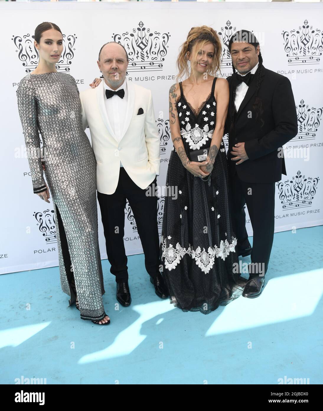 STOCKHOLM 20180614 Jessica Miller, Lars Ulrich, Schlagzeuger von Metallica, Chloé und Robert Trujillo, Bassist in Metallica, kommen am 14. Juni 2018 zum Polar Music Prize Award im Grand Hotel in Stockholm. Foto: Henrik Montgomery / TT kod 10060 Stockfoto