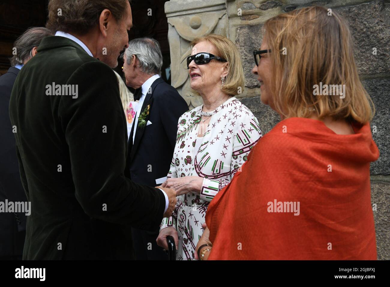 KRISTIANSTAD 2018-08-18 Abba-Sängerin Anni-Frid (Frida) Lyngstad während der Hochzeit von John Ledin mit Gräfin Alexandra Hamilton in einer Kirche in Kristianstad, Südschweden am Samstag. John Ledin ist der Sohn des bekannten schwedischen Sängers Thomas Ledin und Marie Ledin, Tochter des verstorbenen ABBA-Managers Stikkan Andersson Foto: Olle Sporrong / EXP / TT / Kod: 7112 Stockfoto