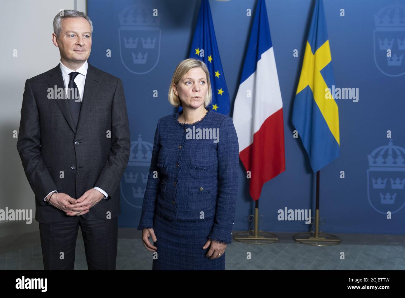 Der französische Finanz- und Wirtschaftsminister Bruno Le Maire und seine schwedische Amtskollegin Magdalena Andersson sprechen nach einem Treffen am 4. Februar 2019 in Stockholm vor den Medien. Foto: Naina Helén Jama / TT / kod 11880 Stockfoto