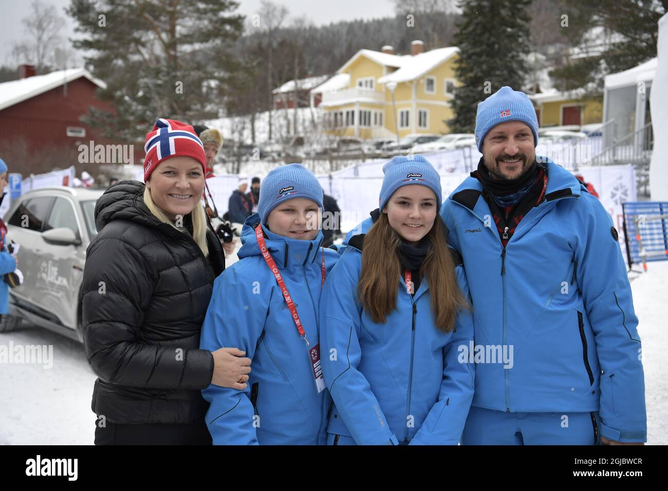 Kronprinzessin Mette-Marit, Prinz Haakon Magnus, Prinzessin Ingrid-Alexandra und Kronprinz Haakon während der WM Alpin in sind Schweden am 9. Februar 2019 Foto: Pontus Lundahl / TT / kod 10050 Stockfoto