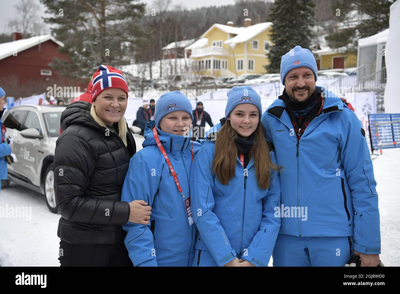 Kronprinzessin Mette-Marit, Prinz Haakon Magnus, Prinzessin Ingrid-Alexandra und Kronprinz Haakon während der WM Alpin in sind Schweden am 9. Februar 2019 Foto: Pontus Lundahl / TT / kod 10050 Stockfoto