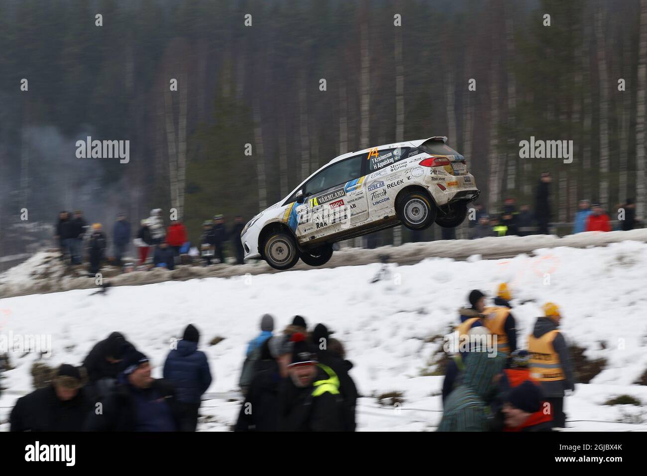 Tom Kristensson SWE/Henrik Appelskog SWE, Ford Fiesta R2 JWRC bei der Sonderetappe 13 am 3. Tag des zweiten Rundengangs der FIA-Rallye-Weltmeisterschaft, Rallye Schweden 2019, in Schweden, 156. Februar 2019. Foto: Micke Fransson/TT kod 61460 Stockfoto