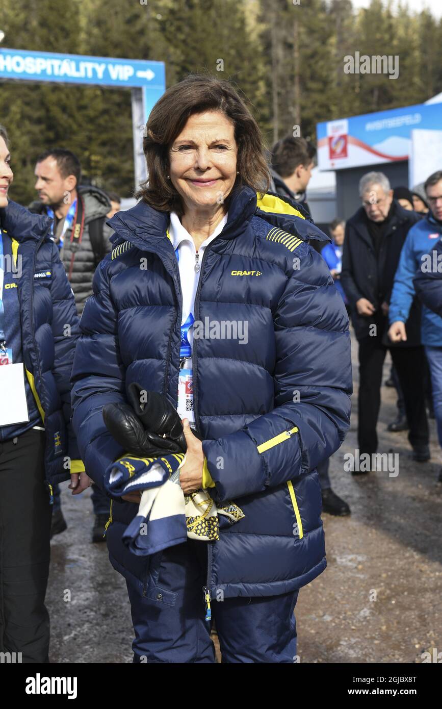 SEEFELD 20190223 Schwedens Königin Silvia bei den FIS Nordischen Skiweltmeisterschaften 2019 in Seefeld., Österreich. Foto Fredrik Sandberg / TT kod 10080 *** Stockfoto