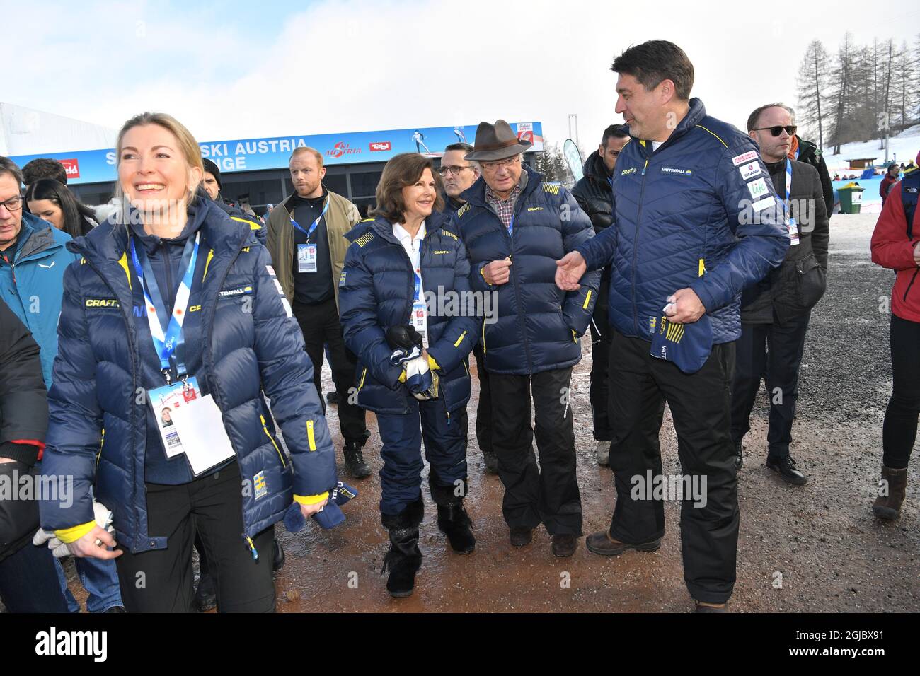 SEEFELD 20190223 Schwedens Königin Silvia und König Carl Gustaf bei den FIS Nordischen Skiweltmeisterschaften 2019 in Seefeld., Österreich. Foto Fredrik Sandberg / TT kod 10080 *** Stockfoto