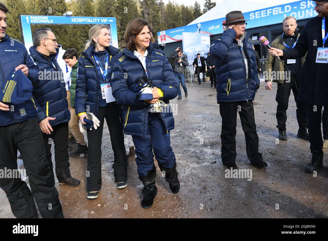 SEEFELD 20190223 Schwedens Königin Silvia und König Carl Gustaf bei den FIS Nordischen Skiweltmeisterschaften 2019 in Seefeld., Österreich. Foto Fredrik Sandberg / TT kod 10080 *** Stockfoto