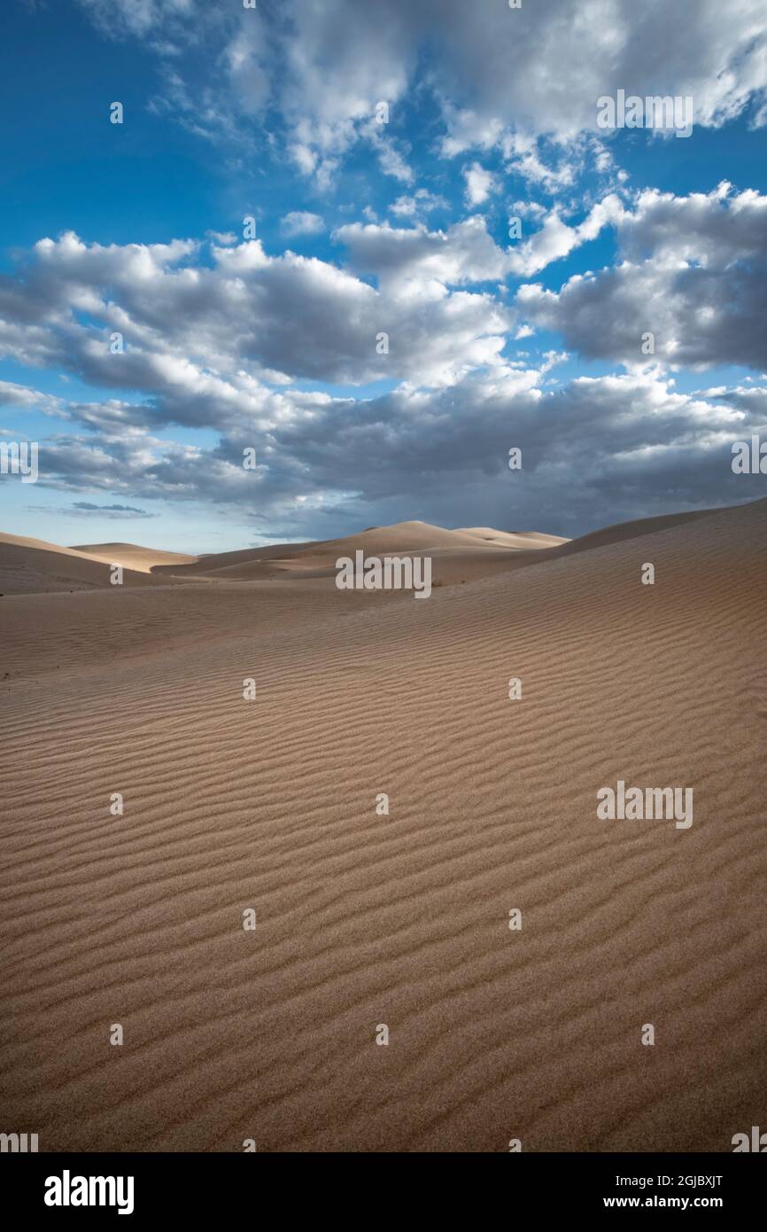 USA, Kalifornien. Sanddünen und Wolken in der Wildnis von Adiz, Mojave Trails National Monument. Stockfoto