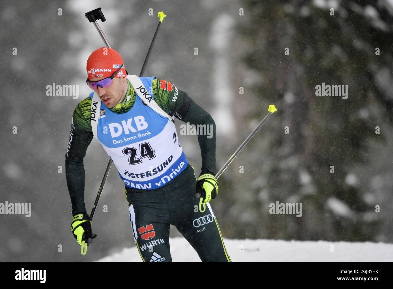 Der Deutsche Arnd Peiffer tritt am 13. März 2019 beim 20-km-Einzelwettbewerb der Männer bei den IBU-Biathlon-Weltmeisterschaften in Oestersund, Schweden, an. Foto: Jessica Gow / TT / Code 10070 Stockfoto