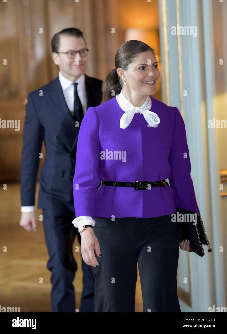 Kronprinzessin Victoria und Prinz Daniel sprechen am Donnerstag, den 14. März 2019, für Justin Vaïsse (Vaisse), Direktor des Stabs für politische Planung des französischen Außenministeriums, im Königlichen Palast in Stockholm, Schweden. Foto: Pontus Lundahl / TT / kod 10050 Stockfoto