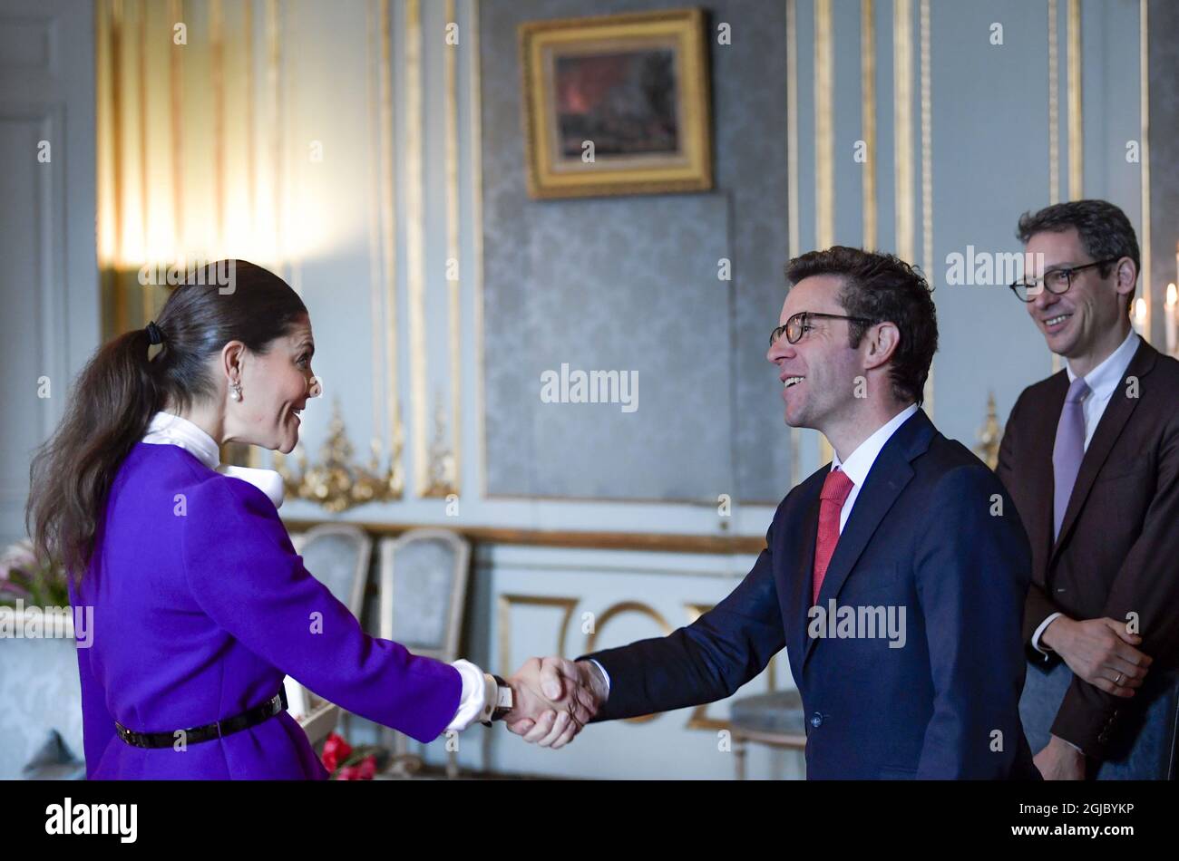 Kronprinzessin Victoria und Prinz Daniel sprechen am Donnerstag, den 14. März 2019, für Justin Vaïsse (Vaisse), Direktor des Stabs für politische Planung des französischen Außenministeriums, im Königlichen Palast in Stockholm, Schweden. Foto: Pontus Lundahl / TT / kod 10050 Stockfoto
