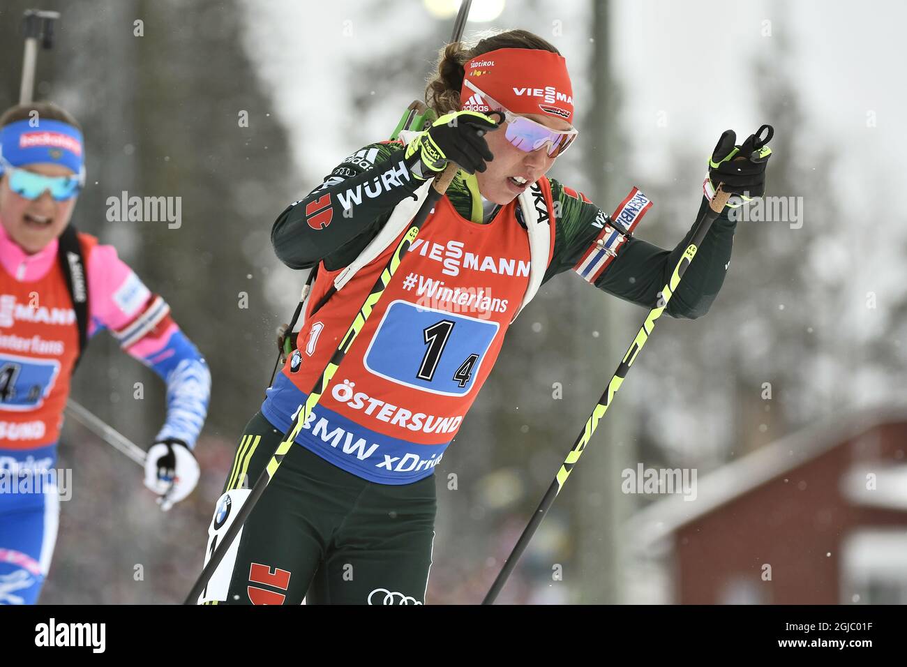 Laura Dahlmeier aus Deutschland tritt am 16. März 2019 beim 4x6 km-Staffellauf der IBU World Biathlon Championships in Oestersund, Schweden, an. Foto: Robert Henriksson / TT / Code 11393 Stockfoto