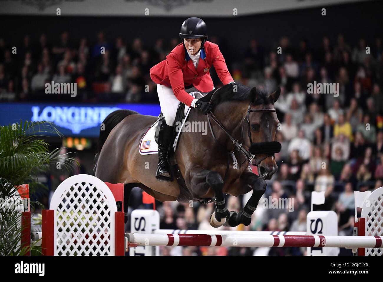 GÖTEBORG 20190405 Elizabeth Madden von US reitet Breitling LS während des FEI World Cup Finals 2 im Springreiten auf der Göteborg Horse Show in der Scandinavium Arena 5. April 2019. Foto Bjorn Larsson Rosvall / TT kod 9200 Stockfoto