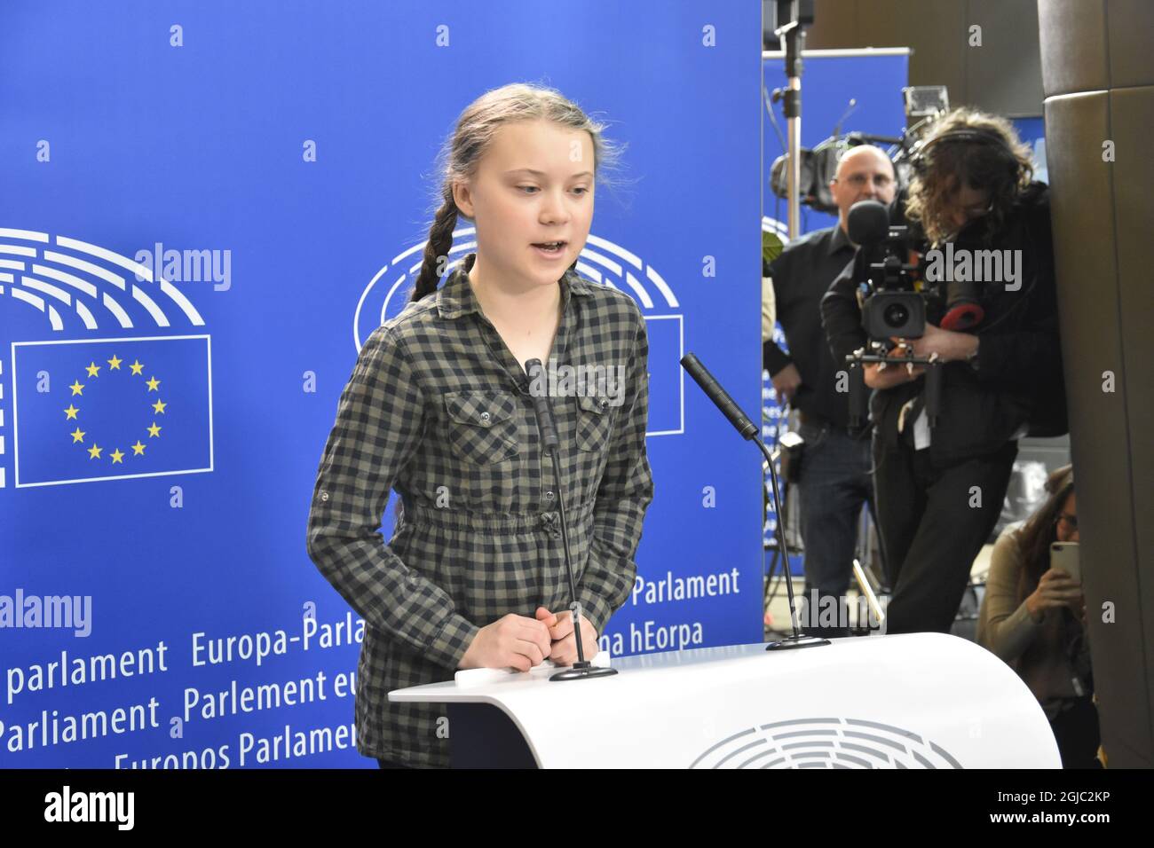 Klimaaktivistin Greta Thunberg bei ihrer Pressekonferenz im EU-Parlament in Straßburg, Frankreich, am Dienstag, 16. April 2019 Foto: Wiktor Nummelin / TT kod 10510 Stockfoto