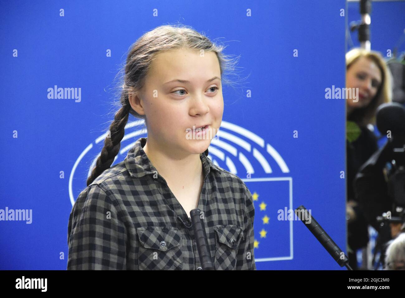 Klimaaktivistin Greta Thunberg bei ihrer Pressekonferenz im EU-Parlament in Straßburg, Frankreich, am Dienstag, 16. April 2019 Foto: Wiktor Nummelin / TT kod 10510 Stockfoto