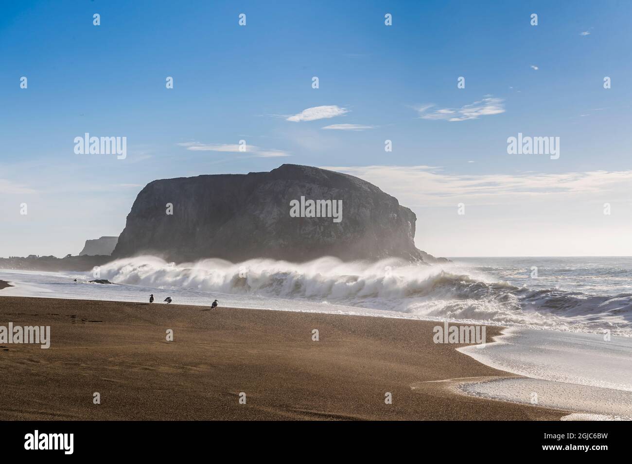 Großer Heuhaufen-Felsen mit krachenden Wellen und Vögeln am Strand in Kalifornien Stockfoto