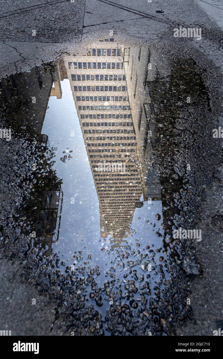 Spiegelung der Wasserpfütze des Transamerica Pyramid Building. San Francisco. Stockfoto