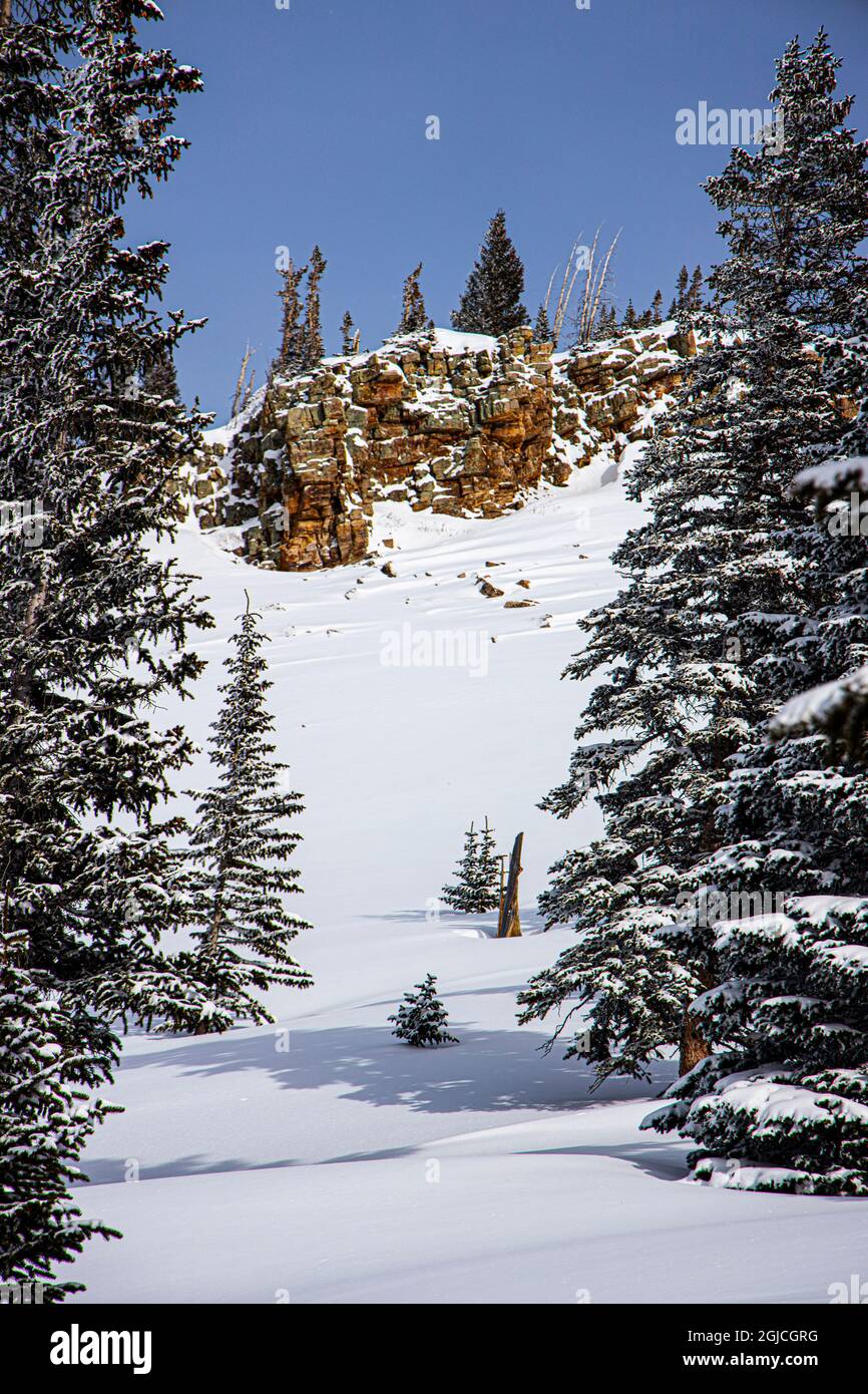 Winterszene auf Bull Run gefunden auf dem Aspen Snowmass Ski Resort auf Elk Camp. Stockfoto