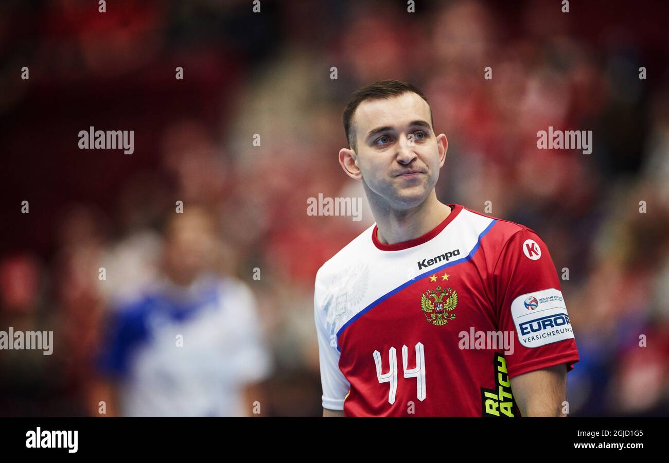 Der russische Igor Soroka während der Männer-Handball-Europameisterschaft, Vorrunde Gruppe E, Spiel zwischen Island und Russland in der Malmo Arena, Schweden, am Montag, 13. Januar 2020. Foto Andreas Hillergren / TT-Code 10600 Stockfoto