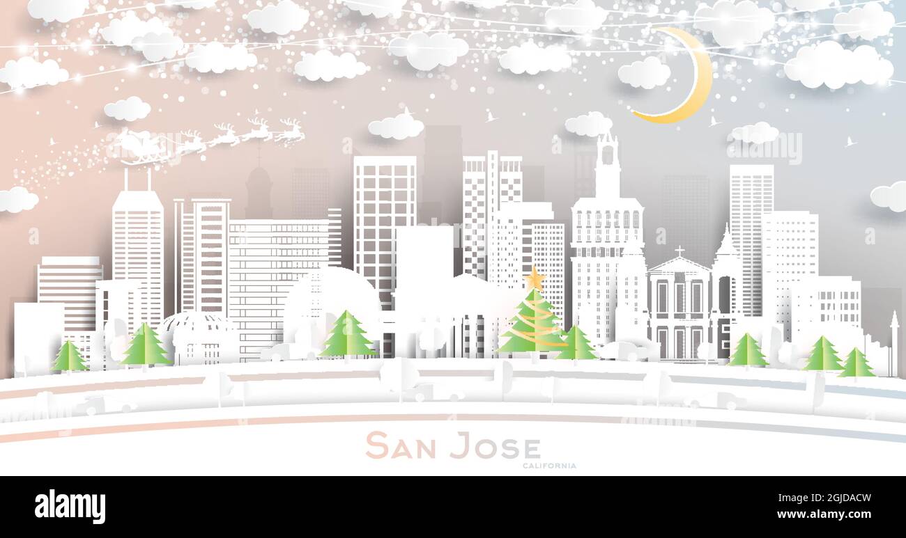 San Jose California City Skyline in Paper Cut Style mit Schneeflocken, Mond und Neon Girlande. Vektorgrafik. Weihnachts- und Neujahrskonzept. Weihnachtsmann Stock Vektor